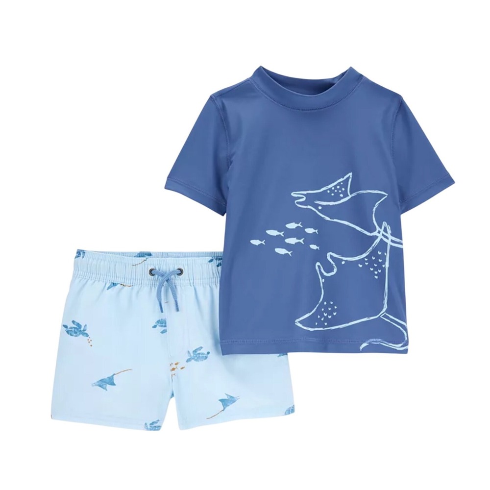Carter's Toddler Boys Size 5 Stingray Rash Guard Swim Set UPF 50+ Blue 2 Piece